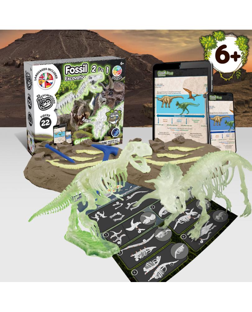 2 in 1 Fossil Excavation Kit II. Juego educativo suministrado con una bolsa de regalo de papel kraft (90 g/m²)