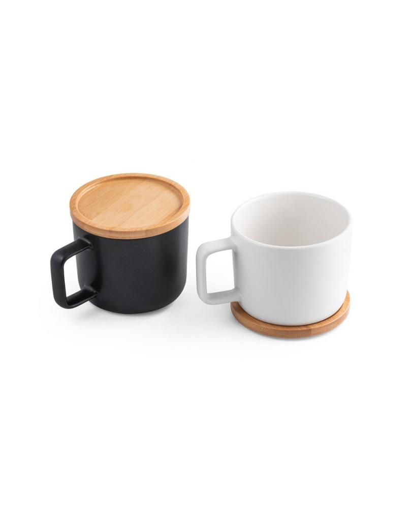 FANGIO. Taza de cerámica con tapa y base de bambú de 250 mL