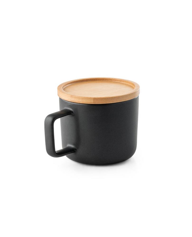 FANGIO. Taza de cerámica con tapa y base de bambú de 250 mL