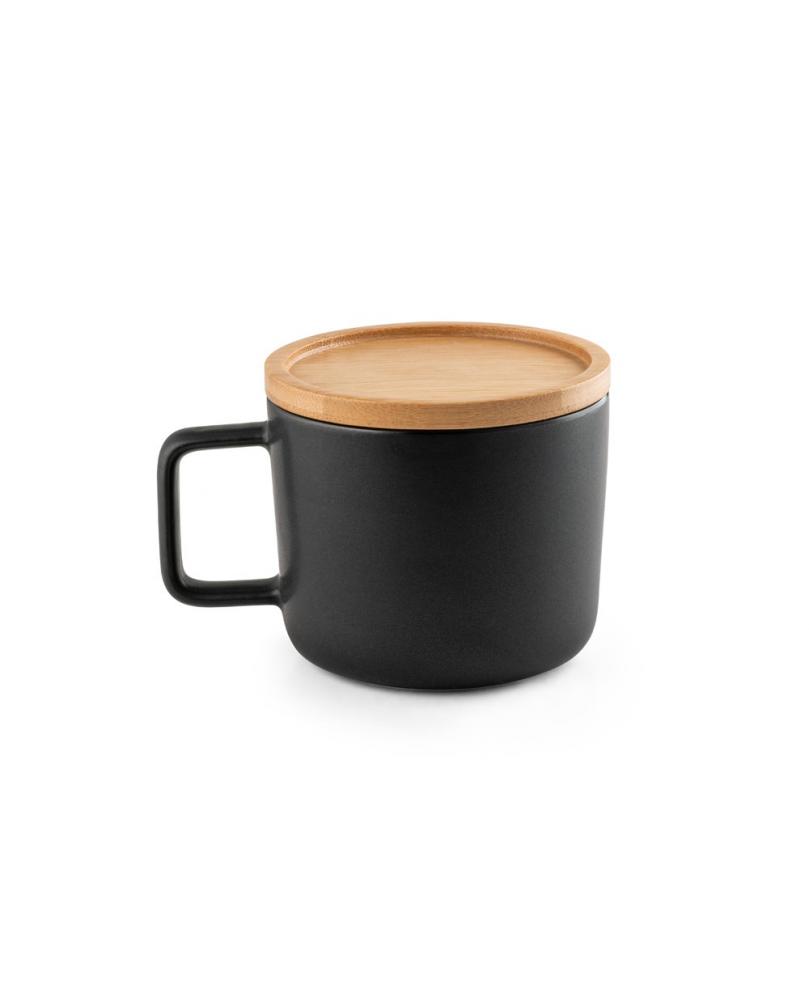 FANGIO. Taza de cerámica con tapa y base de bambú de 250 mL